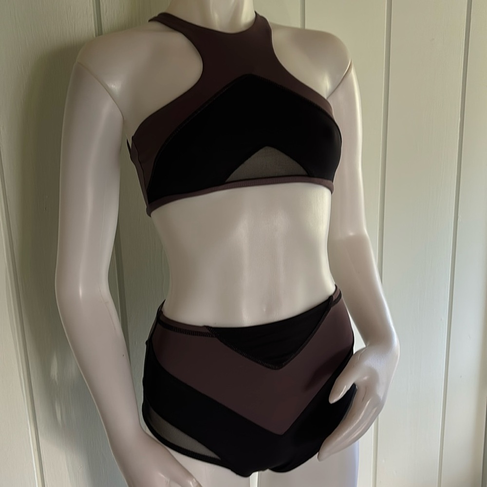 L*Space XS/S Two-piece Swimsuit, Black And Purple with Mesh Details